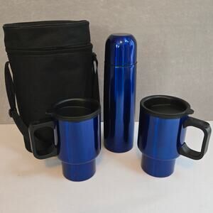 Stainless Steel Elec Blue Coffee Thermos + 2 Coffee Mugs & Canvas Carrying Case